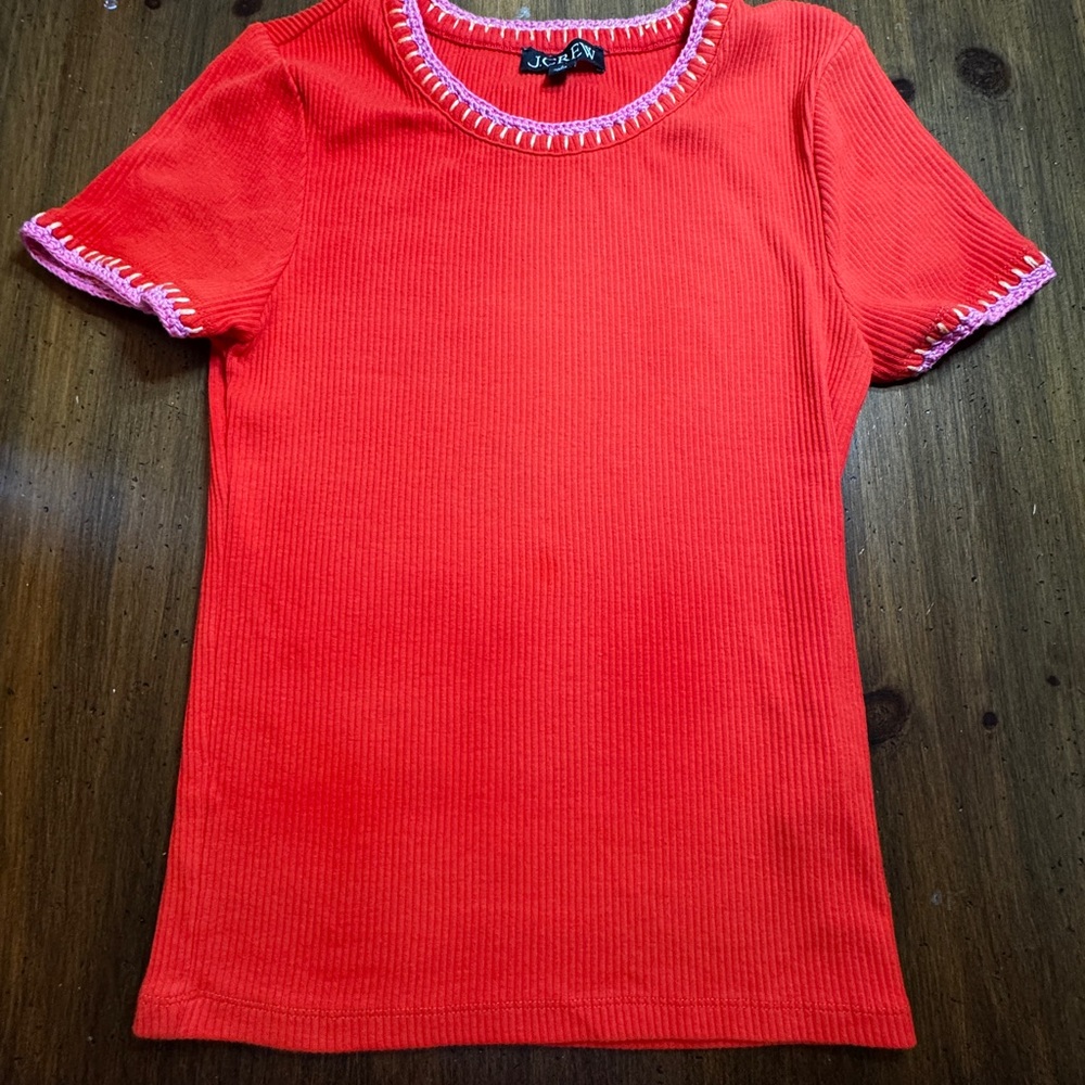 J. Crew Red Top with Pink Crochet Trim - runs slightly small - SZ small